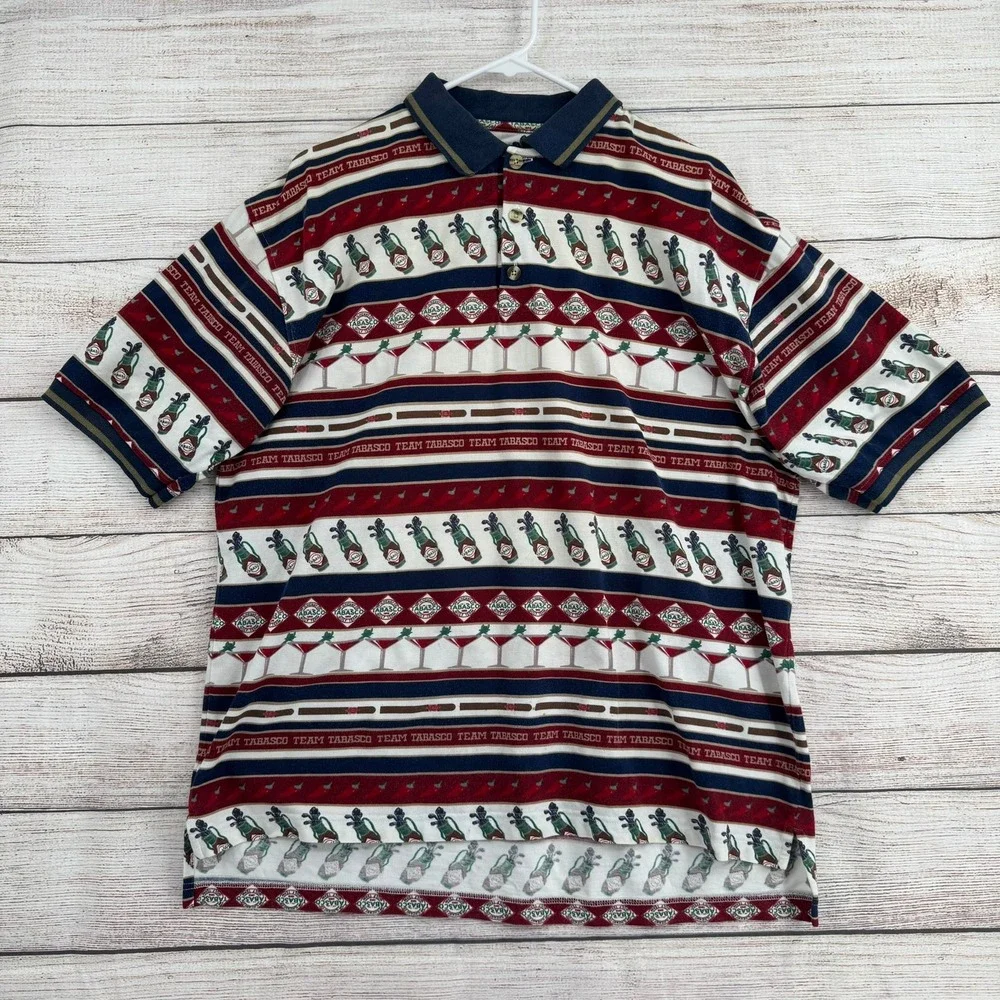 Tabasco Sportswear Polo Shirt Mens L Multi Golf Martini Novelty Print Vintage